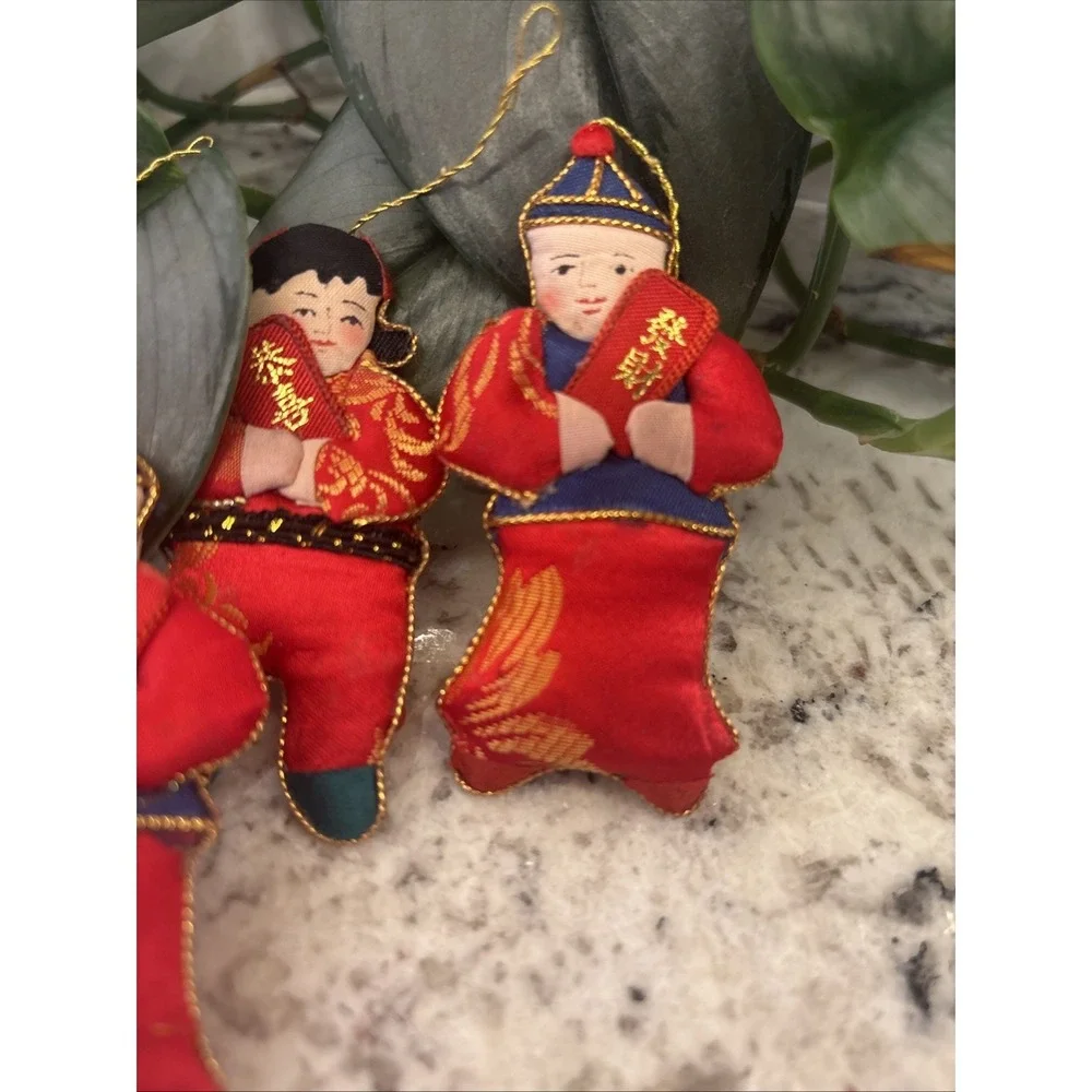 6 Silk Embellished Christmas‎ Ornaments Asian Children Chinese Lunar New Year